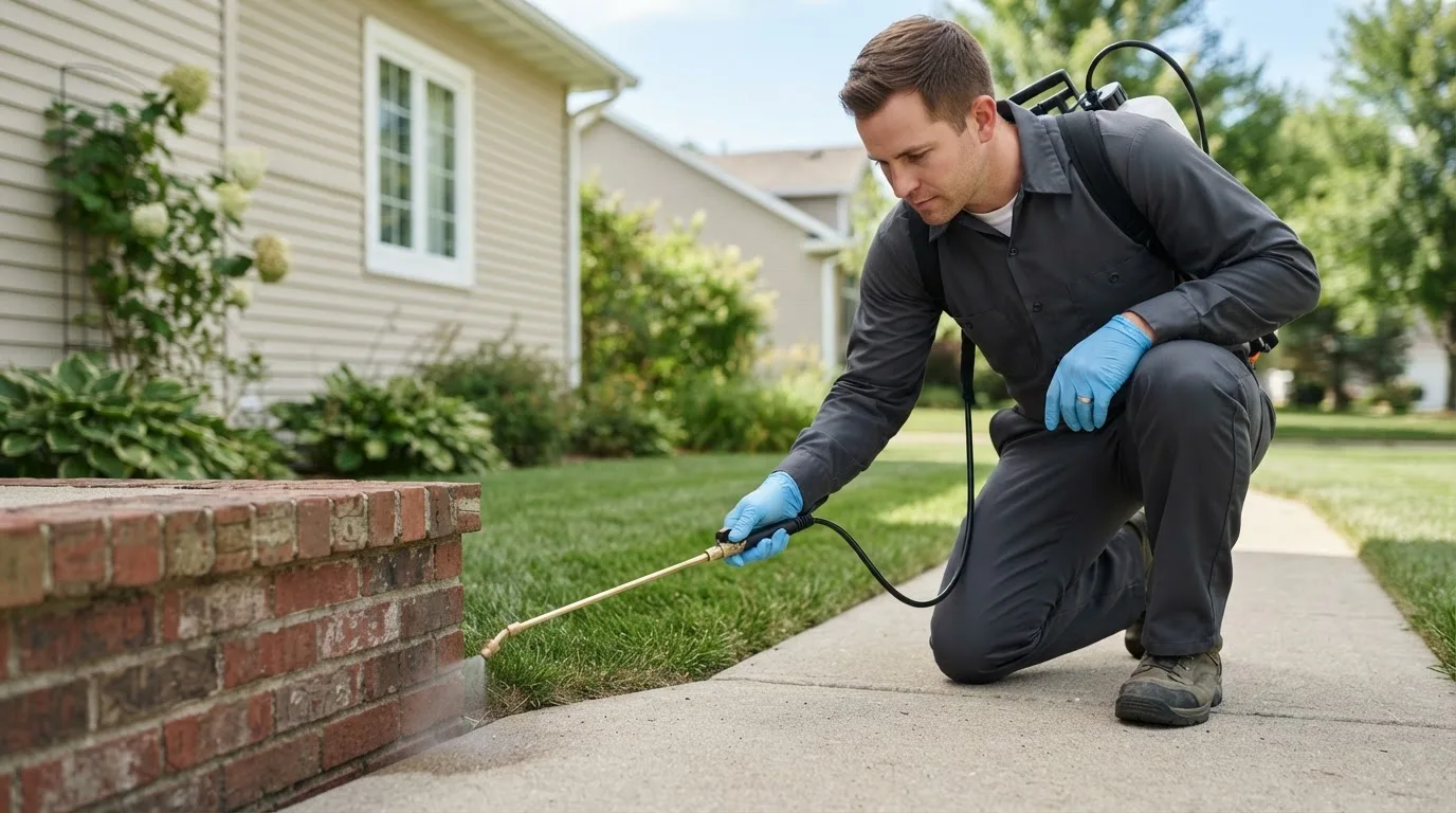 Pest control technician treating a home near Kasota, MN
